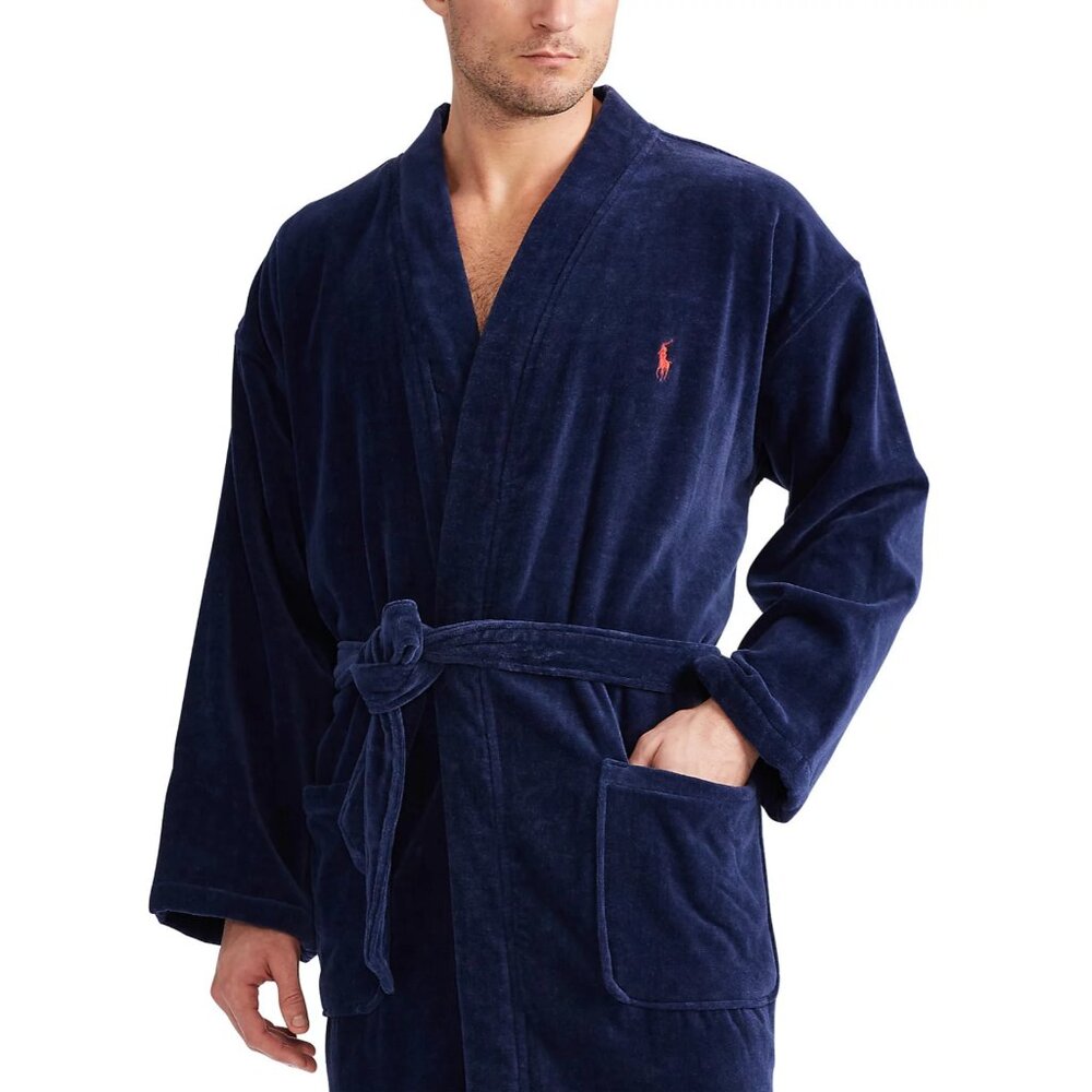 ✨NWOT Polo Ralph Lauren Men's Sleepwear Soft Cotton Kimono Velour Robe, Navy